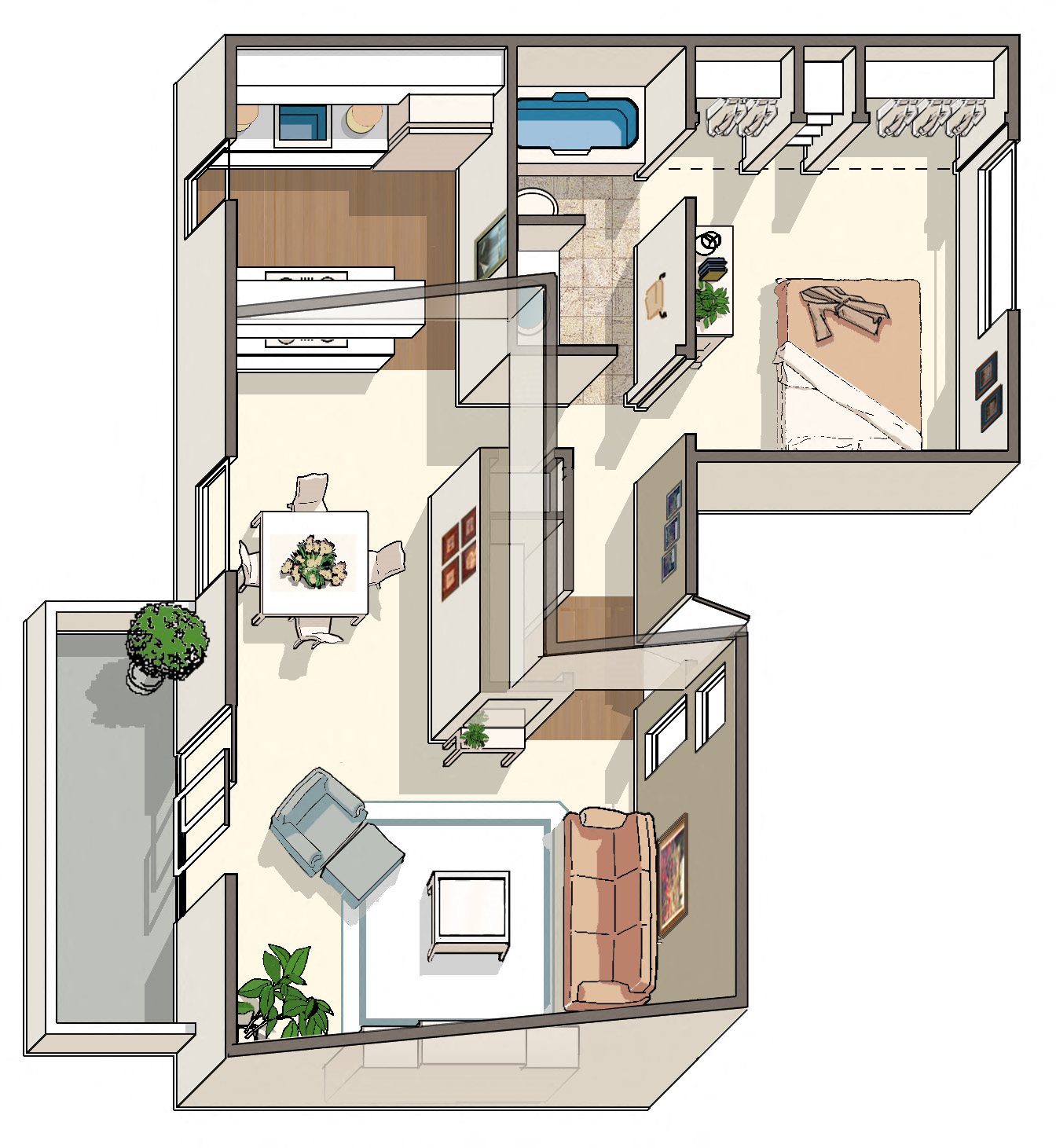 Floor plan for 1 bed, 1 bath, 691 sqft